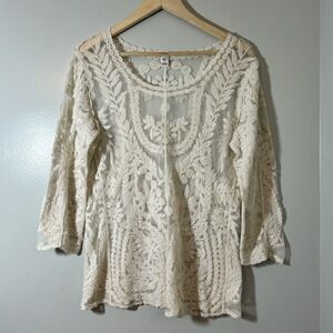 Cato Sheer Lace Tunic Top Women's Small Cream Ethereal Fairycore Embroidered